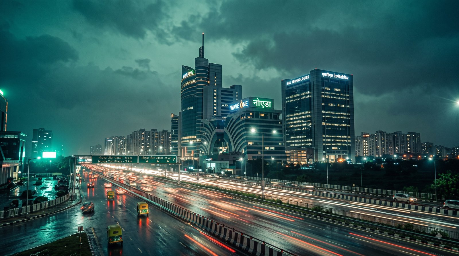 Noida Delhi NCR skyline at night - Wave One Sector 18, HCL Technologies